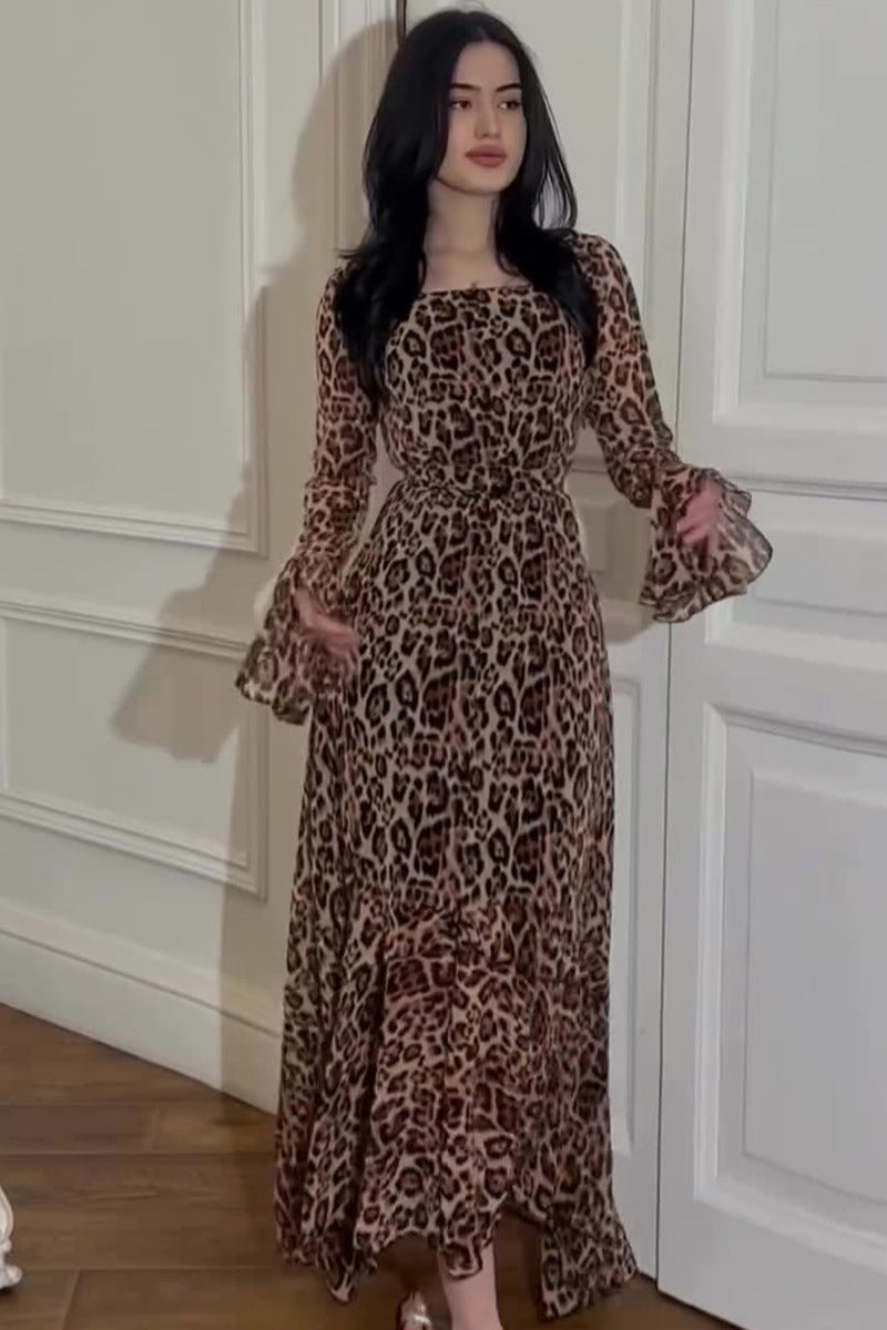 Leopard-Print Chiffon Asymmetric Maxi Dress