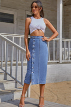 Denim Button-Detail Skirt with a Split Detail