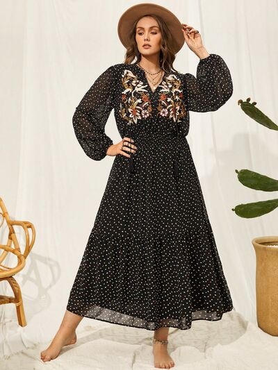 Plus Size Balloon Sleeve Embroidered Maxi Dress