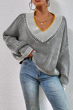 Striped Batwing Sweater with a V-Neck