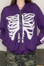 Skeleton-Print Zip-Detail Streetwear Hoodie