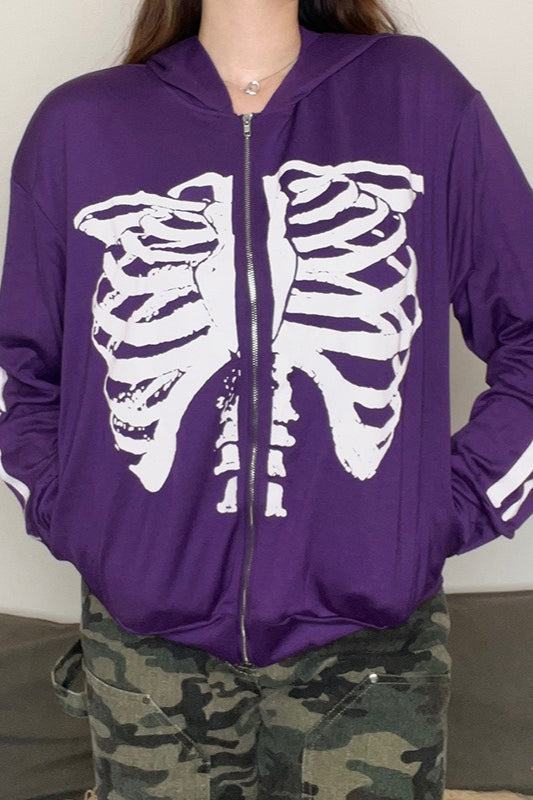 Skeleton-Print Zip-Detail Streetwear Hoodie