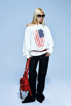 Off-Shoulder Flag-Graphic Distressed Tee