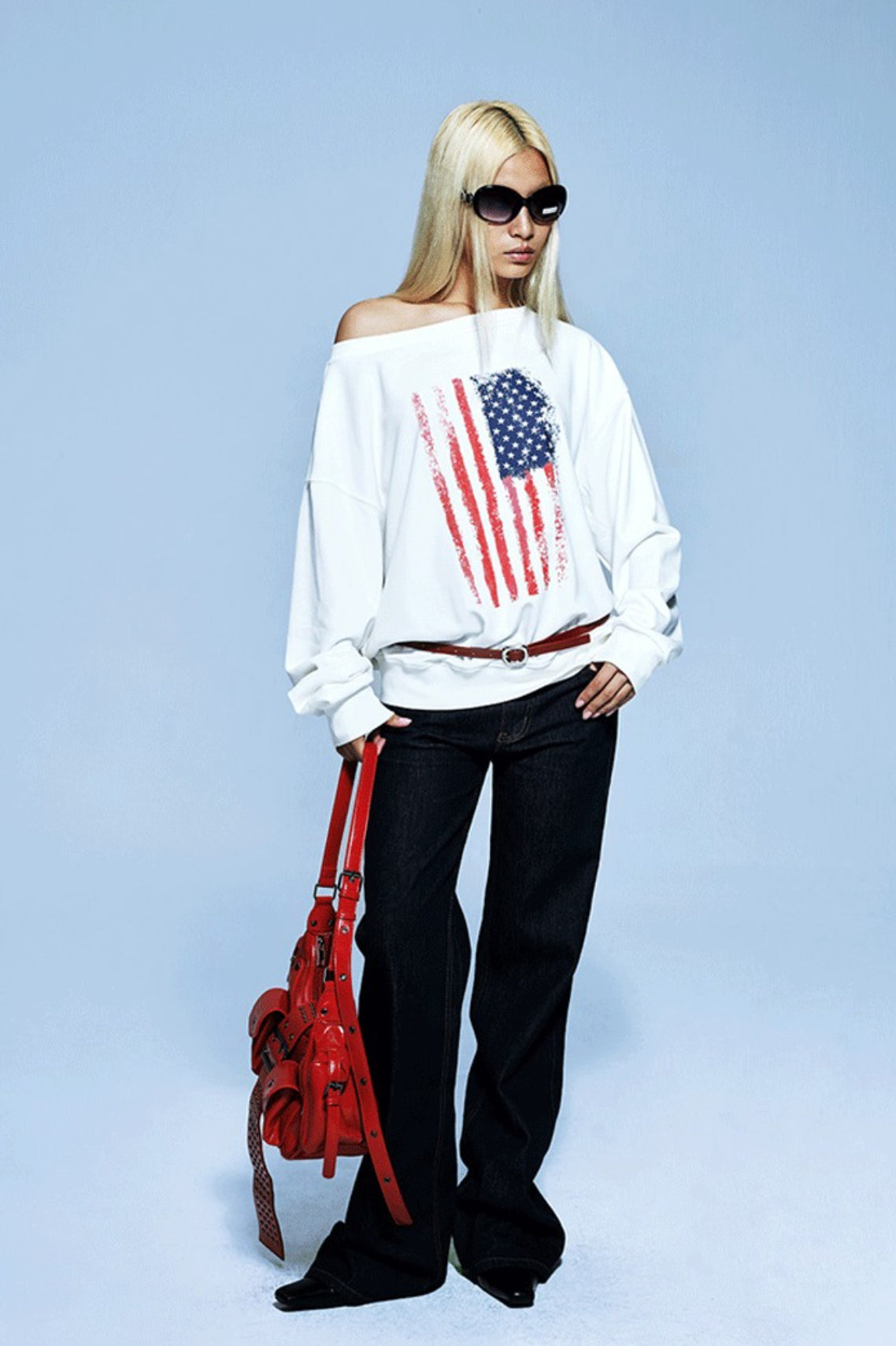 Off-Shoulder Flag-Graphic Distressed Tee