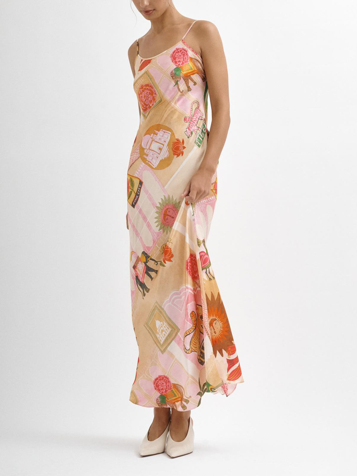Printed Satin Strappy Maxi Dress