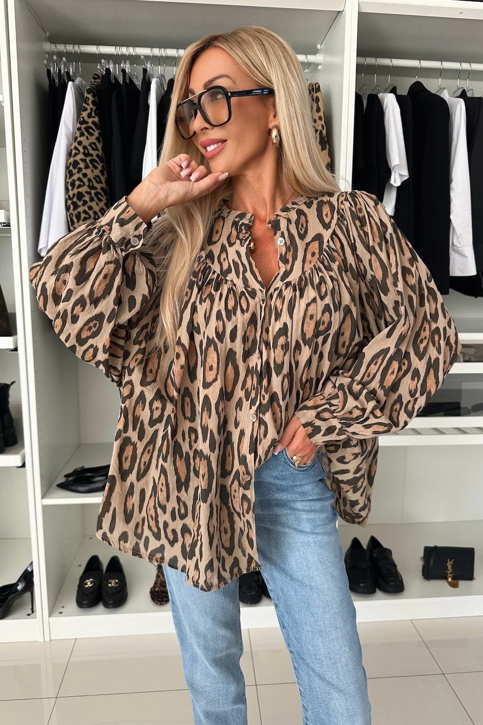 Leopard-Print Relaxed-Fit Long-Sleeve Blouse