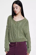 Cable-Knit Long-Sleeve Sweater with a V-Neck