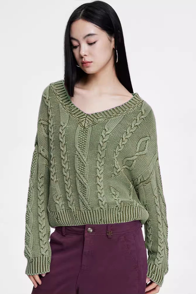 Cable-Knit Long-Sleeve Sweater with a V-Neck