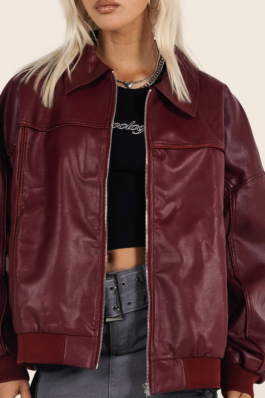 Lapel-Collar Faux-Leather Jacket