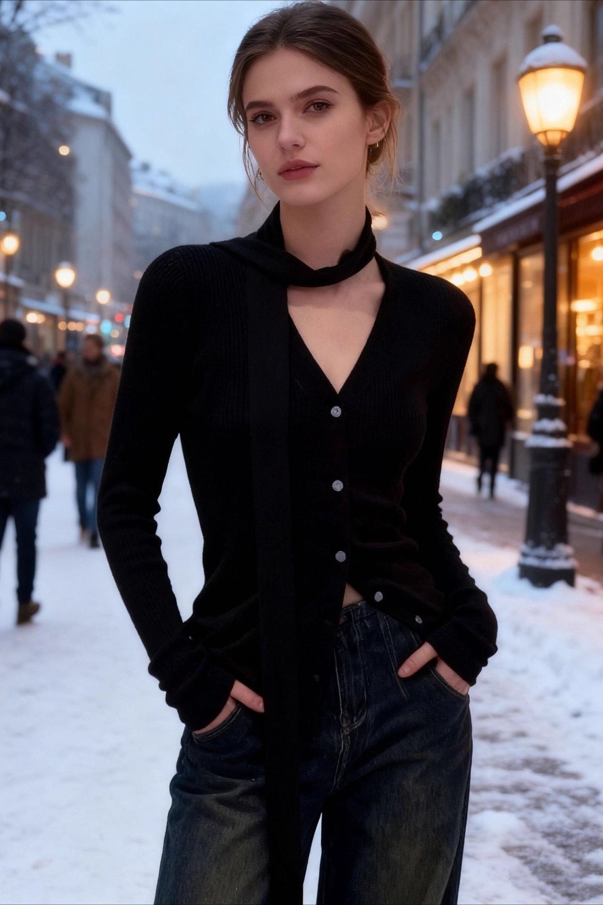 Ribbed Long-Sleeve Top with a V-Neck