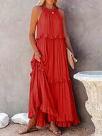 Halterneck Fitted Maxi Dress with Ruffle Details