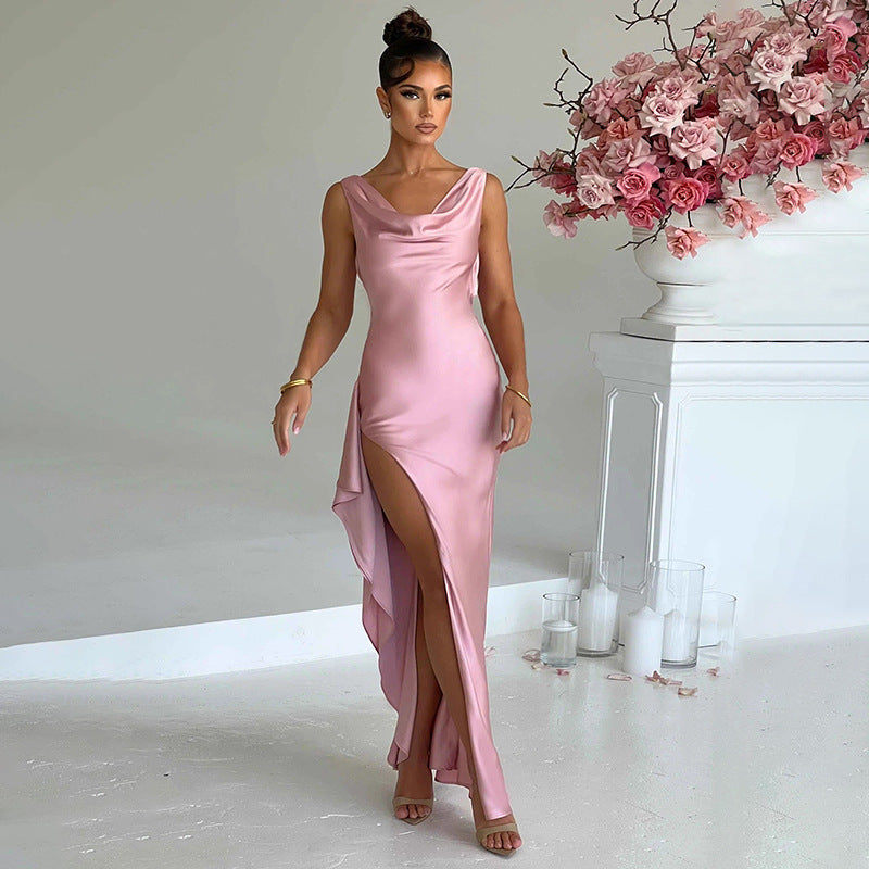 Open-Back Sleeveless Long Dress with a Split Detail