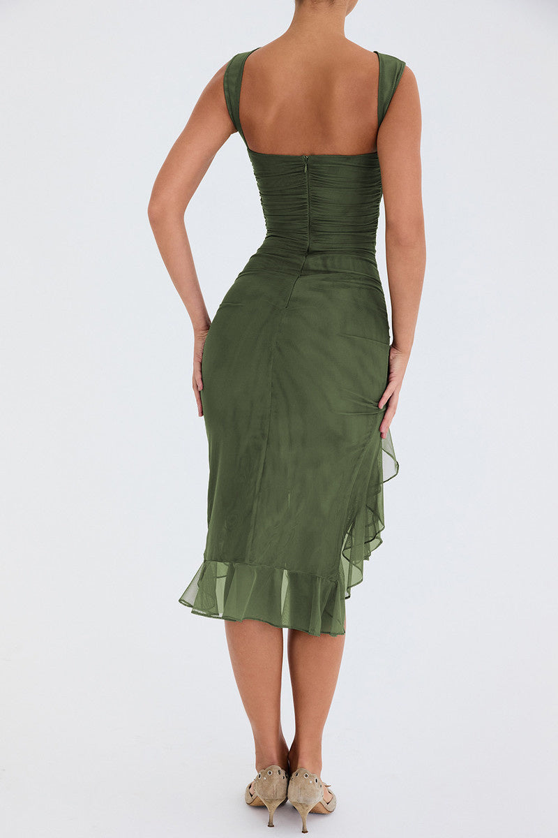 Ruffled Midi Dress with Ruched Details