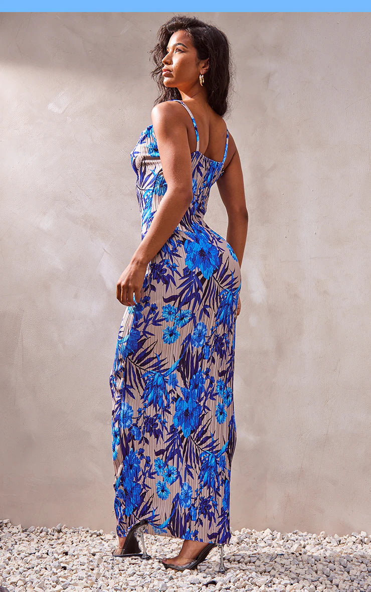 Printed Bodycon Pleated Maxi Dress