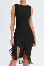 Ruffled Midi Dress with Ruched Details