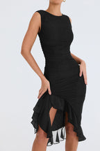 Ruffled Midi Dress with Ruched Details