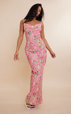 Printed Bodycon Pleated Maxi Dress