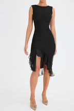 Ruffled Midi Dress with Ruched Details