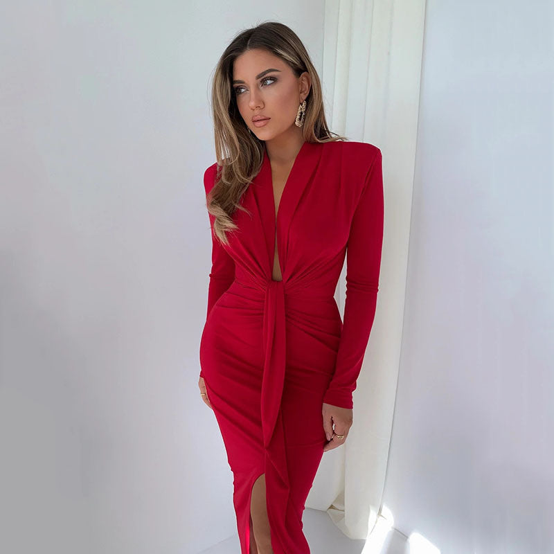 Long-Sleeve Long Dress with a Plunging V-Neck