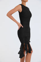 Ruffled Midi Dress with Ruched Details