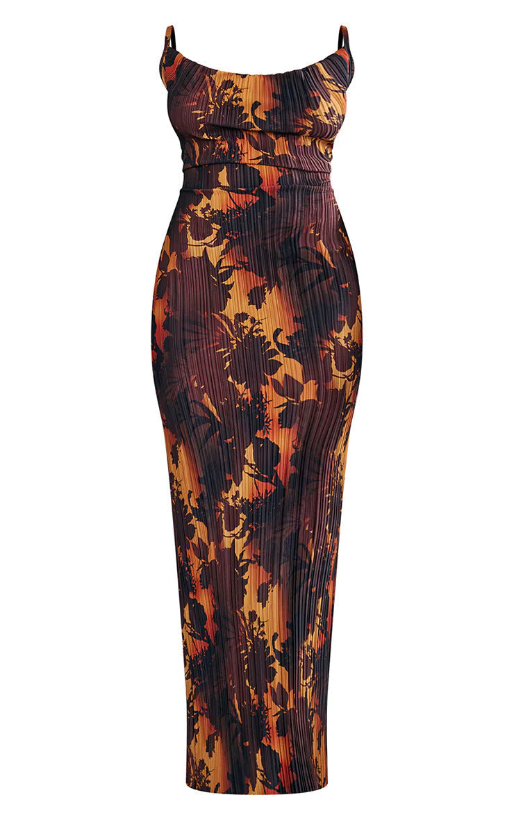 Printed Bodycon Pleated Maxi Dress