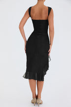 Ruffled Midi Dress with Ruched Details