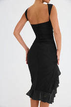 Ruffled Midi Dress with Ruched Details