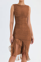 Ruffled Midi Dress with Ruched Details