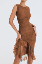 Ruffled Midi Dress with Ruched Details