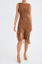 Ruffled Midi Dress with Ruched Details