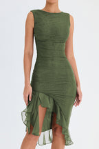 Ruffled Midi Dress with Ruched Details