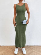 Knit Long-Sleeve Maxi Dress with a Round Neck