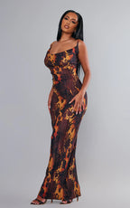 Printed Bodycon Pleated Maxi Dress