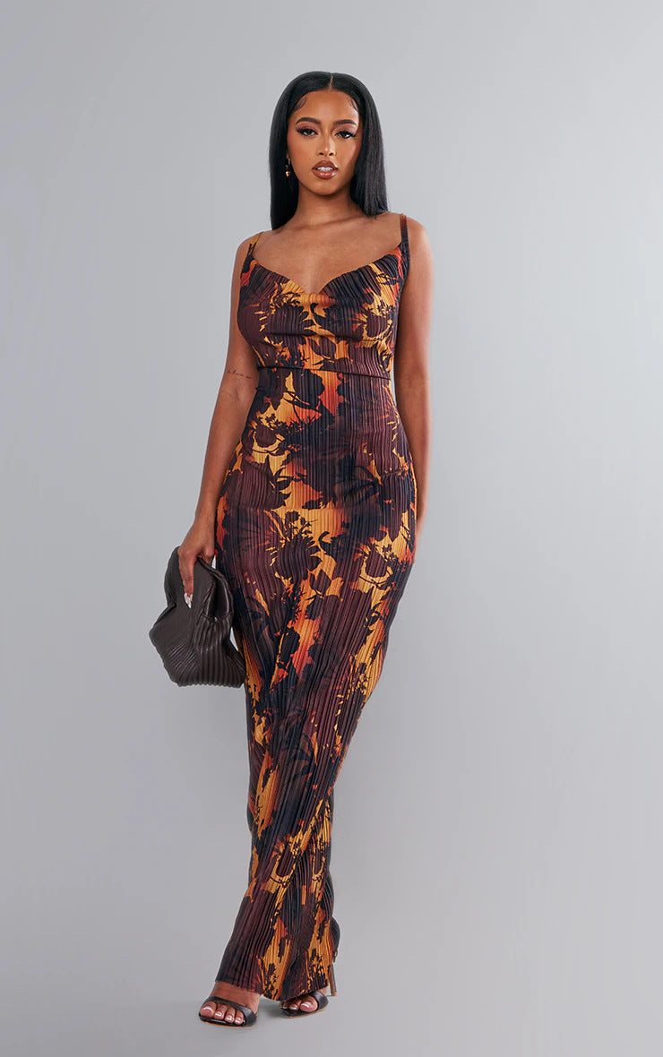 Printed Bodycon Pleated Maxi Dress
