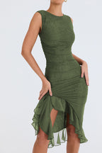 Ruffled Midi Dress with Ruched Details