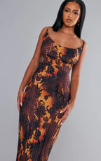 Printed Bodycon Pleated Maxi Dress