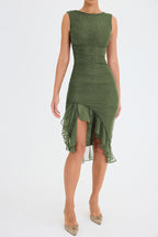 Ruffled Midi Dress with Ruched Details