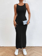 Knit Long-Sleeve Maxi Dress with a Round Neck