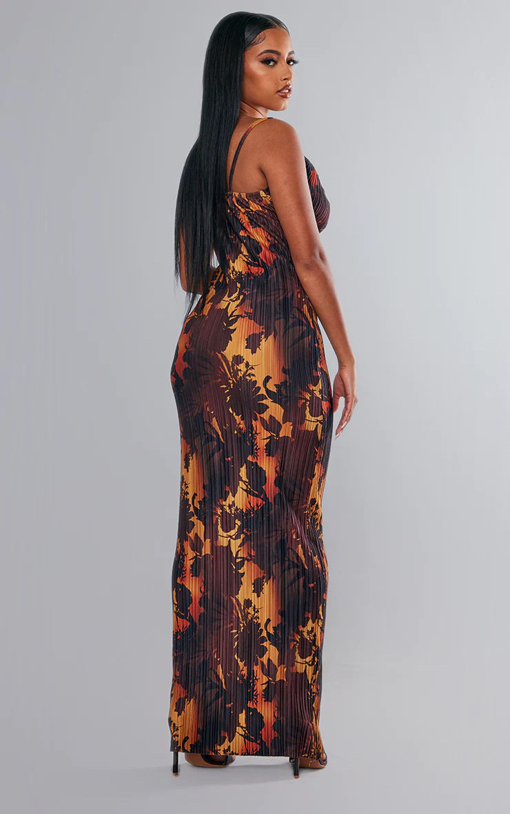Printed Bodycon Pleated Maxi Dress