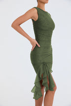 Ruffled Midi Dress with Ruched Details