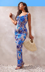 Printed Bodycon Pleated Maxi Dress