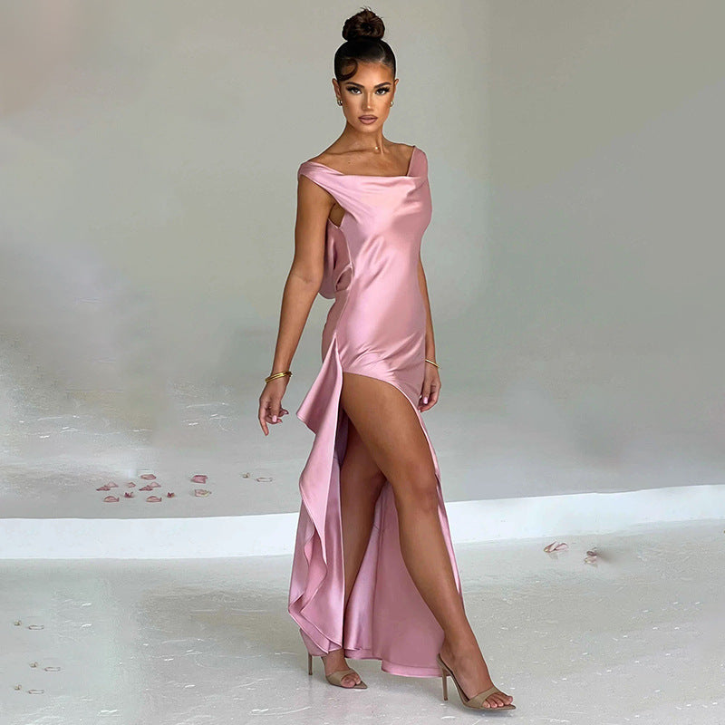 Open-Back Sleeveless Long Dress with a Split Detail