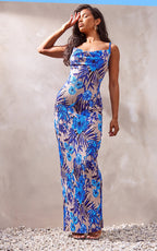 Printed Bodycon Pleated Maxi Dress