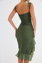 Ruffled Midi Dress with Ruched Details