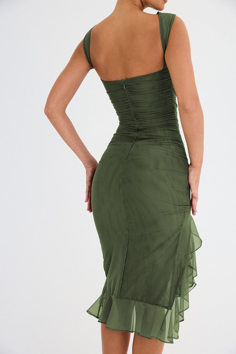 Ruffled Midi Dress with Ruched Details