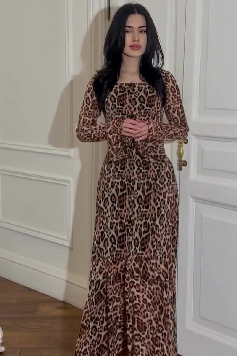 Leopard-Print Chiffon Asymmetric Maxi Dress