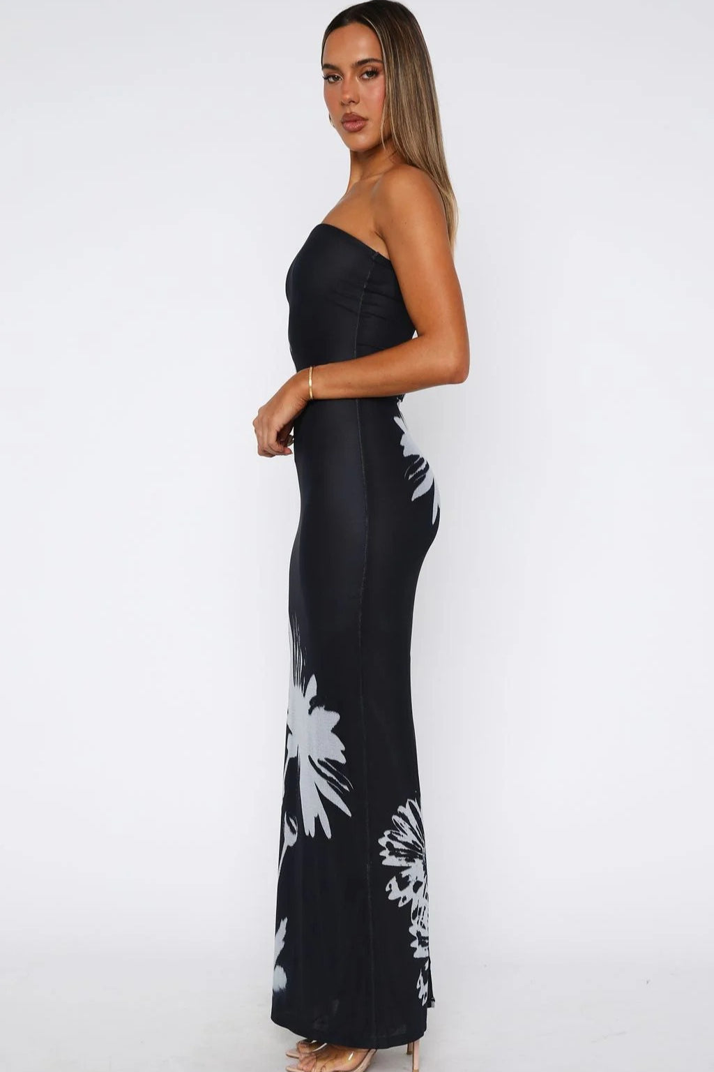 Black Printed Bodycon Strapless Dress