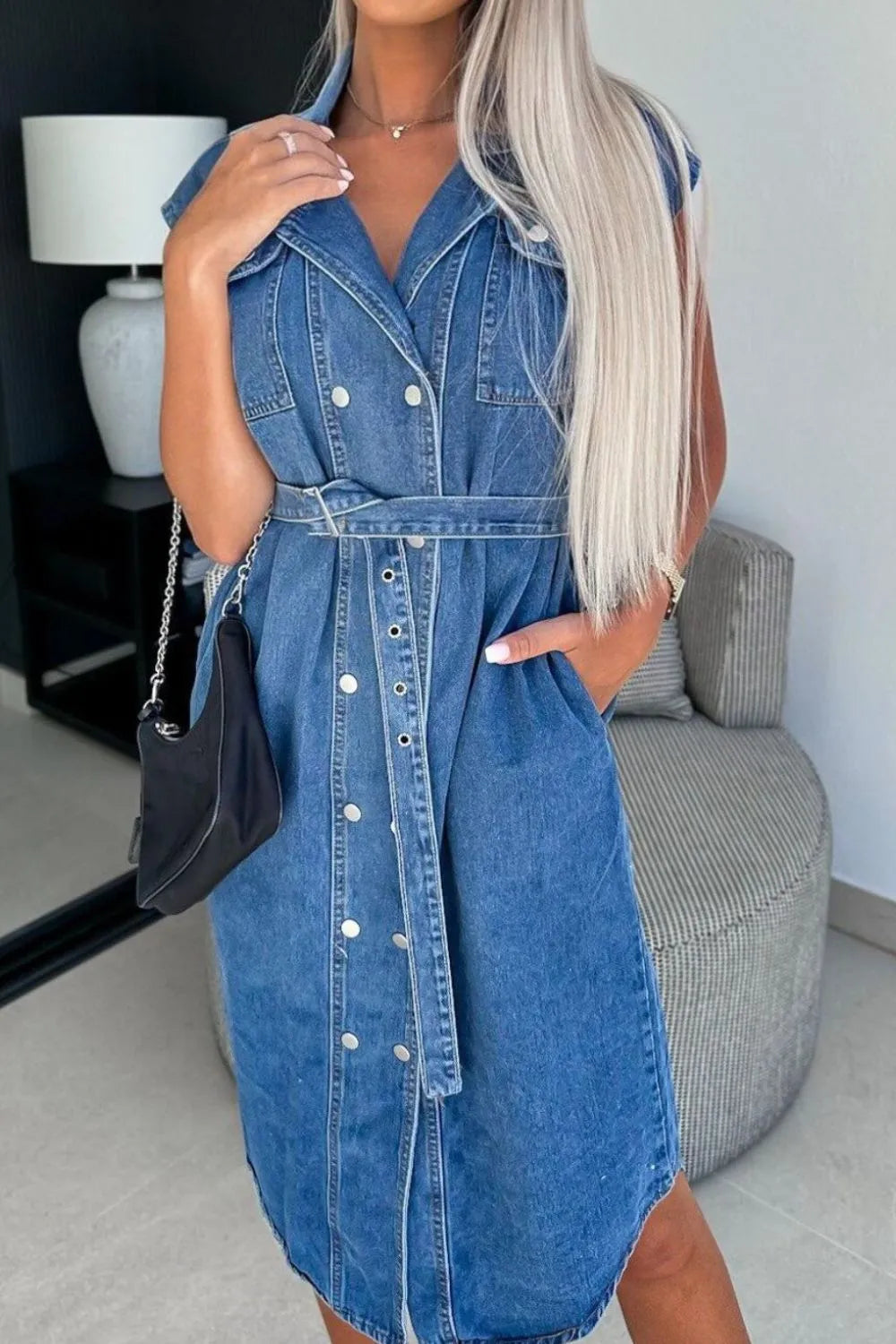 Denim Tie-Waist Dress with a Button Front