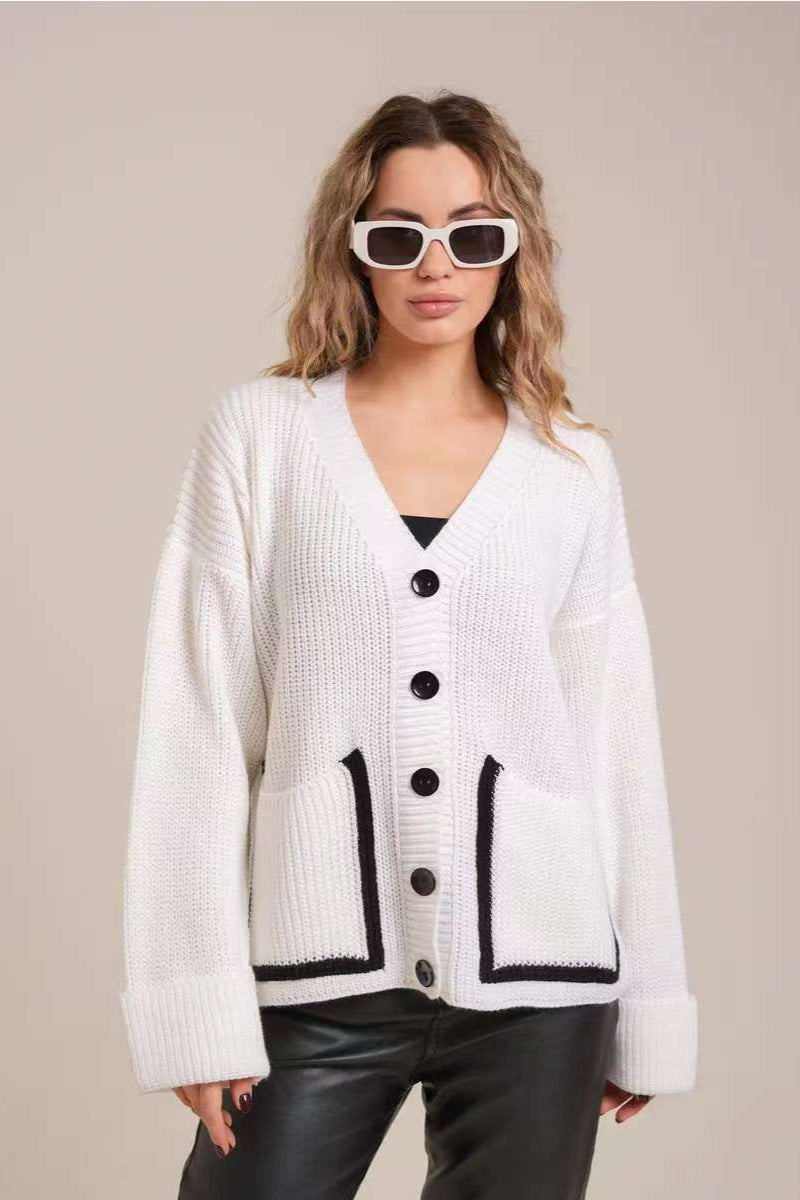 V-Neck Knit Pocket-Detail Cardigan