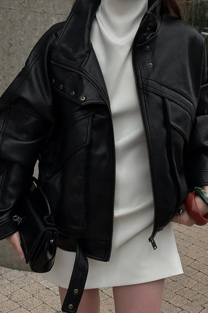 Black Leather Zip-Detail Collared Jacket